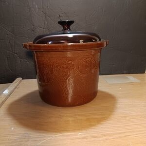 Vintage Farberware Brown Stoneware Slow Cooker Insert 7" tall w/ Lid 7 3/8"